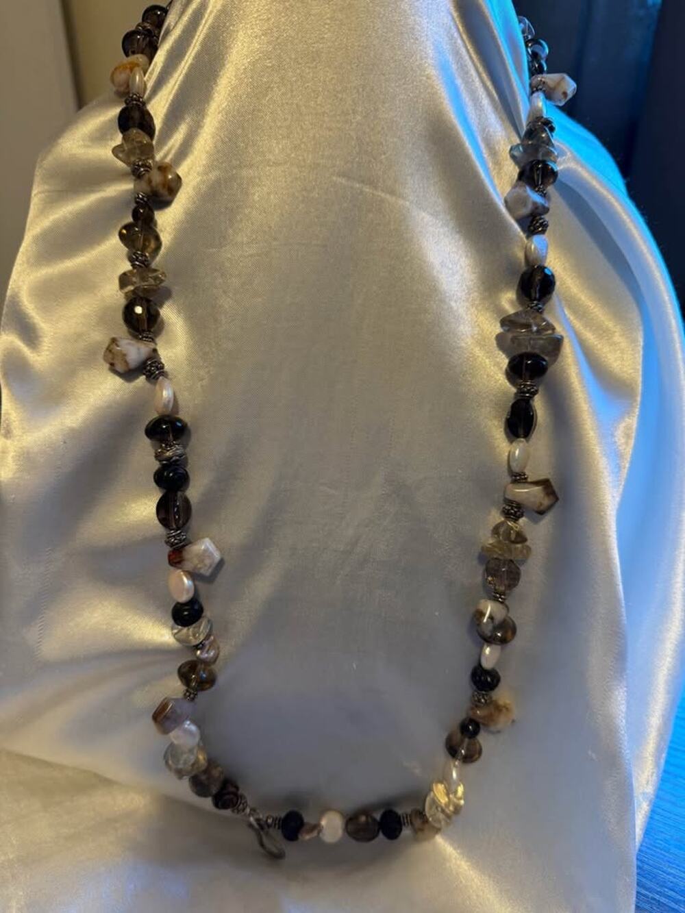 Smoky Quartz & Agate Dual-Strand Sterling Silver Necklace (CCC12)